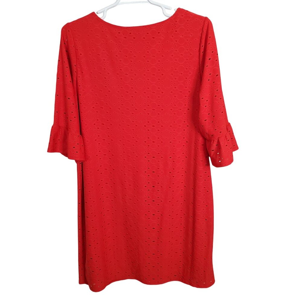 Tiana B Size 18W Dress Shift Stretch Eyelet Overlay Ruffle Bell Sleeve Midi Red - Picture 3 of 14